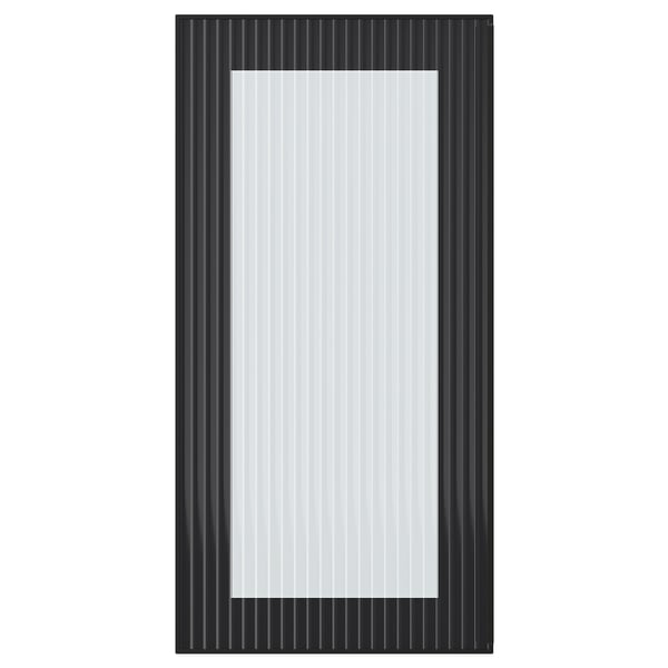 Porte en verre noir HEJSTA, design vertical élégant avec verre texturé, cadre en aluminium, look moderne.