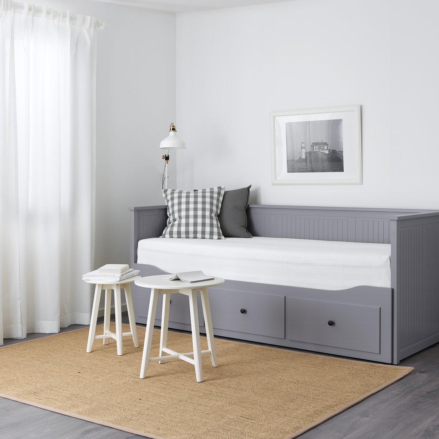 HEMNES Lit banquette 2p (struct + matelas) gris, Malfors miferme IKEA