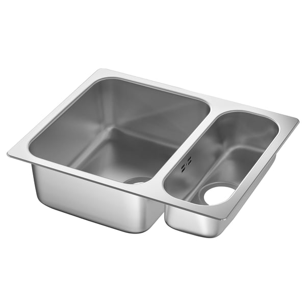 Évier de cuisine à double vasque en acier inoxydable, modèle HILLESJÖN, design moderne, forme rectangulaire.