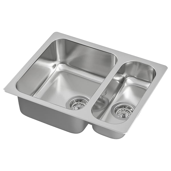 Évier de cuisine double vasque en acier inoxydable, rectangulaire, design moderne.