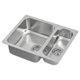 Évier de cuisine double vasque en acier inoxydable, rectangulaire, design moderne.