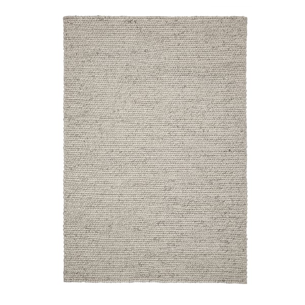 Un tapis HJORTSVANG en blanc naturel, tissé à partir de 100 % laine, de forme rectangulaire avec un motif simple et tissé à la main.