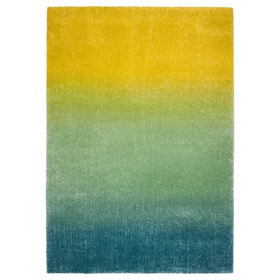 Tapis HOTELLRUM : dégradé vibrant du jaune au bleu, moelleux, rectangulaire.