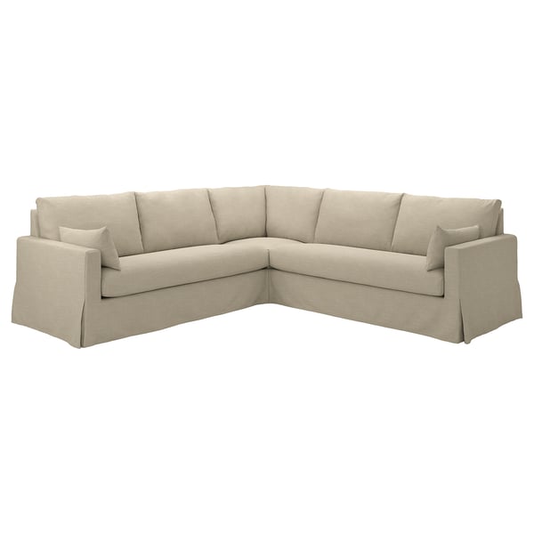 Un canapé sectionnel HYLTARP beige avec un revêtement en tissu texturé et des lignes simples et épurées.