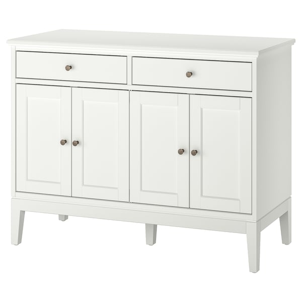 Buffet IDANÄS blanc avec 2 tiroirs et portes pliantes, de forme rectangulaire.