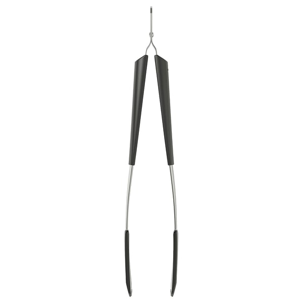 Pince de cuisine ikea noire avec poignées en silicone et construction en acier inoxydable.