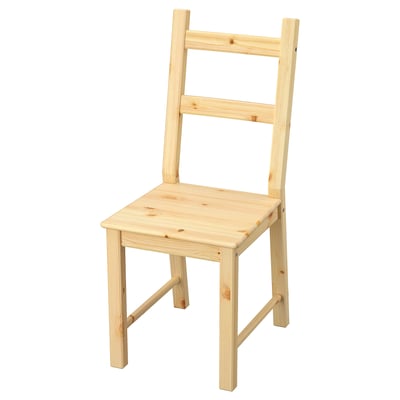 IVAR, chaise en bois non verni, design simple, assise rectangulaire, quatre pieds, dossier à deux lattes verticales.