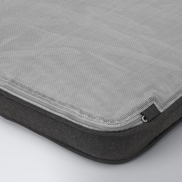 Étui zippé en maille, coutures durables, texture grise.