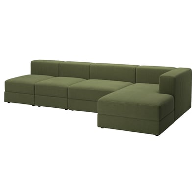 Canapé modulaire vert JÄTTEBO avec chaise longue et sièges de rangement, moderne et confortable.