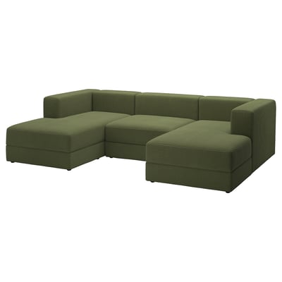 Canapé sectionnel modulaire vert JÄTTEBO. Sièges souples et larges, tissu en velours côtelé, design incliné.