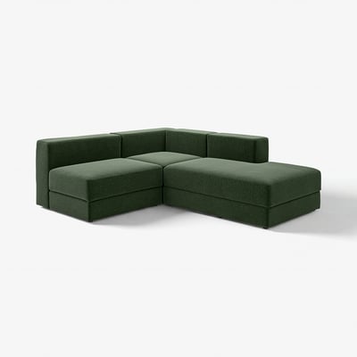 Canapé sectionnel vert moderne aux lignes épurées et aux sièges profonds, parfait pour le confort et la convivialité.