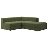 Canapé moderne en forme de L en vert, en velours côtelé. Confortable avec rangement, parfait pour la détente.