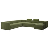 Canapé modulaire vert JÄTTEBO avec sections, chaise longue et appuie-tête, offrant confort et rangement.