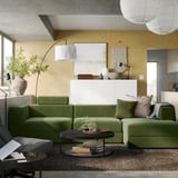 Salon moderne avec canapé olive, plante, lampes, art, tapis, béton.