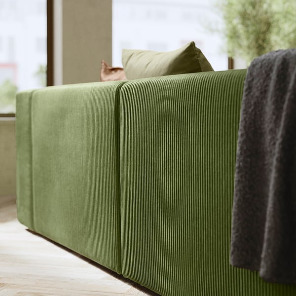 Canapé moderne en velours côtelé vert, chat assis dessus, couverture grise, grande fenêtre avec vue sur l’arbre.