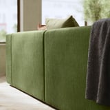 Canapé moderne en velours côtelé vert, chat assis dessus, couverture grise, grande fenêtre avec vue sur l’arbre.