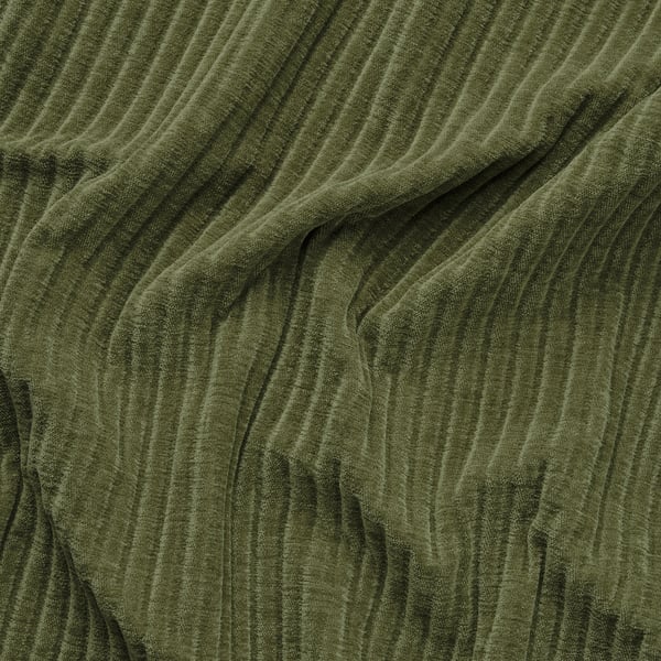 Velours côtelé vert avec une texture large wale, doux et confortable, légèrement lustré, lavable en machine.