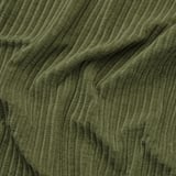 Velours côtelé vert avec une texture large wale, doux et confortable, légèrement lustré, lavable en machine.
