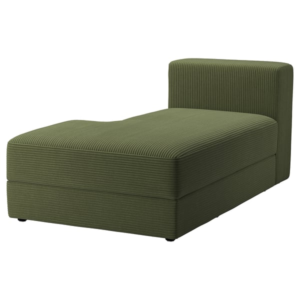 Canapé vert JÄTTEBO : design moderne et incurvé avec une texture en velours côtelé, avec une chaise longue sur le côté gauche pour se prélasser.