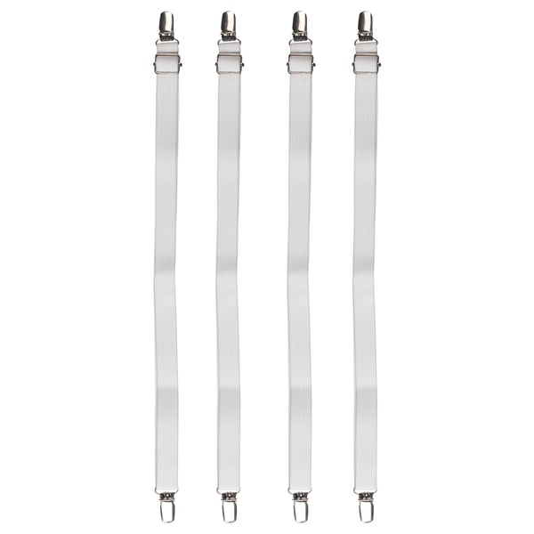 Quatre sangles JULKAKTUS blanches avec des clips métalliques, conçues pour fixer les draps à un matelas.