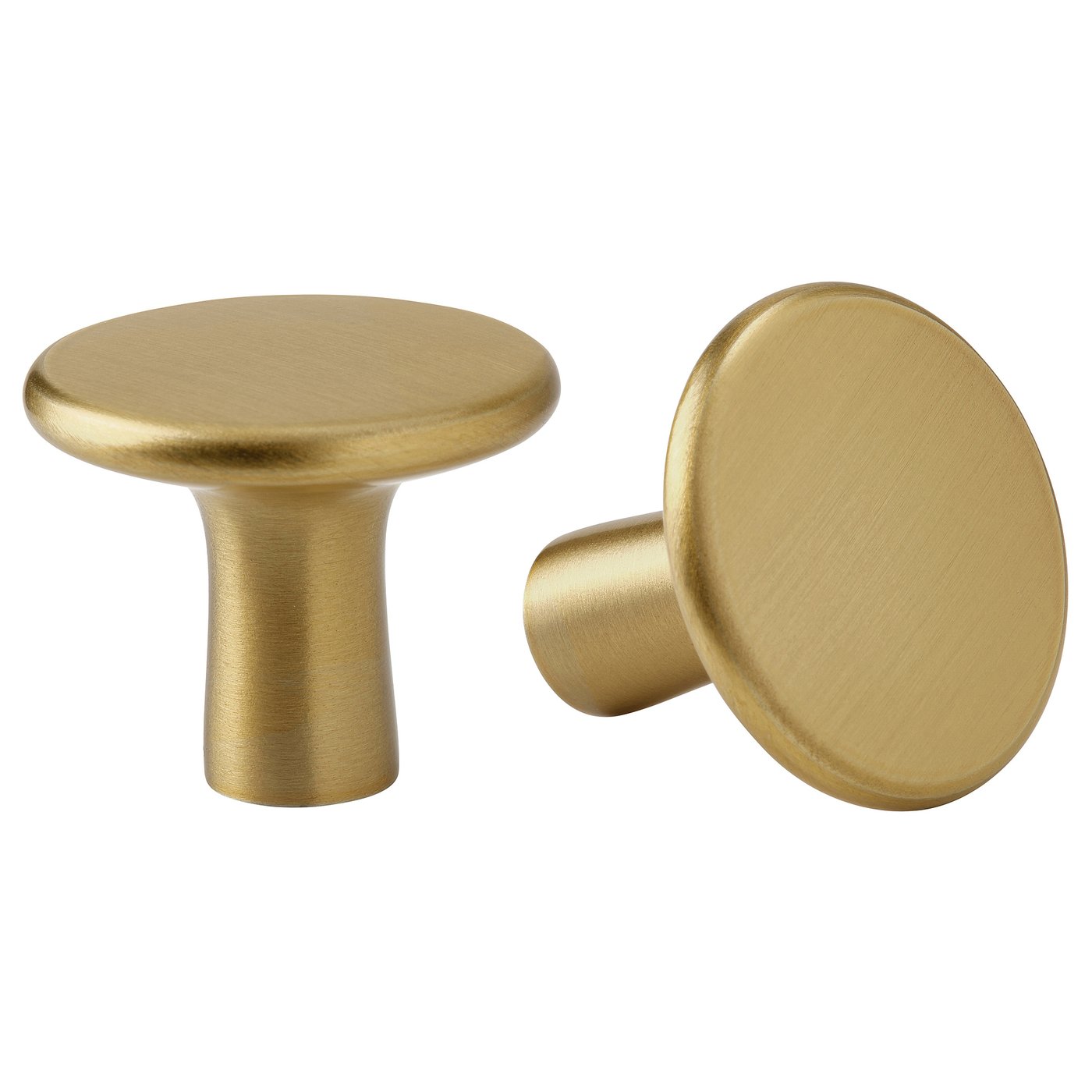 Deux boutons d’armoire arrondis de couleur or avec une surface lisse et un design simple, en aluminium avec une finition nickelée et enduite d’acrylique.
