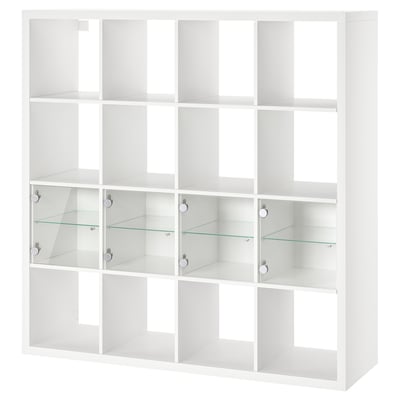 Meuble de rangement KALLAX blanc avec portes vitrées, design cubique.