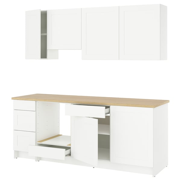 Armoires de cuisine blanches KNOXHULT. Tiroirs et étagères. Fabriqué à partir de mélamine, de stratifié et de bords en plastique. Design épuré et moderne.