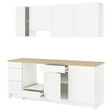 Armoires de cuisine blanches KNOXHULT. Tiroirs et étagères. Fabriqué à partir de mélamine, de stratifié et de bords en plastique. Design épuré et moderne.