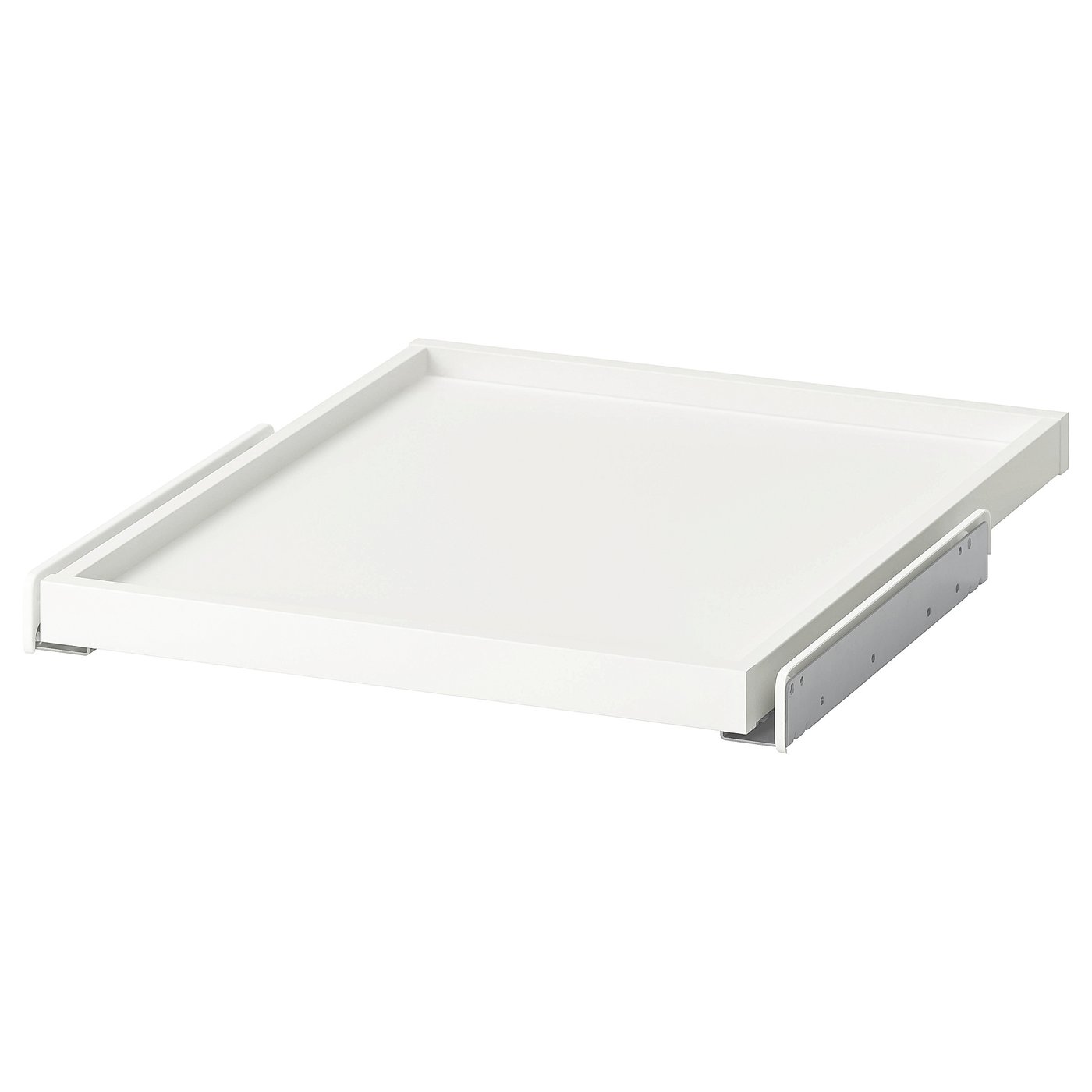 Plateau de tiroir blanc Ikea KOMPLEMENT avec feuille de papier lisse, coulissant sur des glissières métalliques.