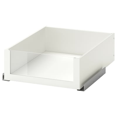 Un tiroir KOMPLEMENT blanc avec une façade en verre, doté d’un design moderne et élégant pour un accès facile au rangement, soutenu par des glissières métalliques.