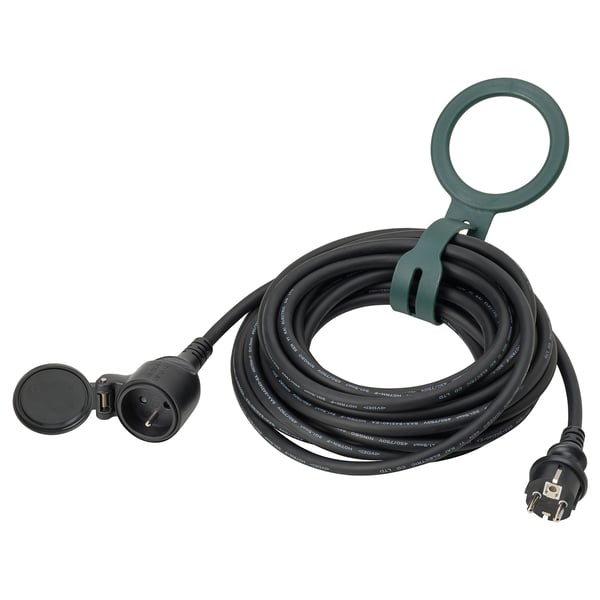Rallonge d’extérieur KOPLA , 10m noir, caoutchouc, enroulée, couvercle à fermeture automatique, durable, résistante aux intempéries.
