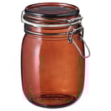 KRÖSAMOS bocal en verre brun avec couvercle à pince métallique, forme carrée, finition brillante.