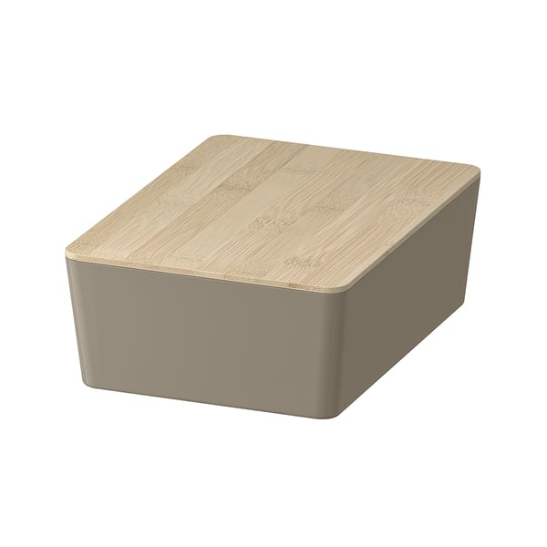 Boîte KUGGIS en beige, rectangulaire avec couvercle en bambou, s’adapte aux étagères à billy.