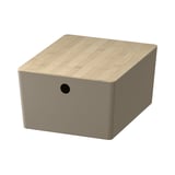 Boîte de rangement KUGGIS, beige, couvercle en bambou, animal recyclé, forme carrée, design simple.