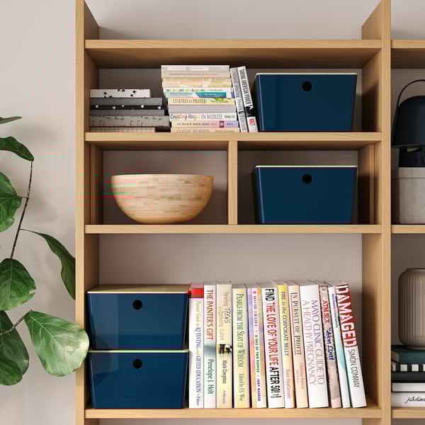 Bibliothèque avec des boîtes bleues brillantes contenant des papiers ou des gadgets, un bol en bois au centre, et divers livres.