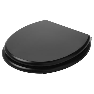 Un abattant de WC noir KULLARNA avec une forme arrondie et une charnière à fermeture lente, en panneau de fibres.