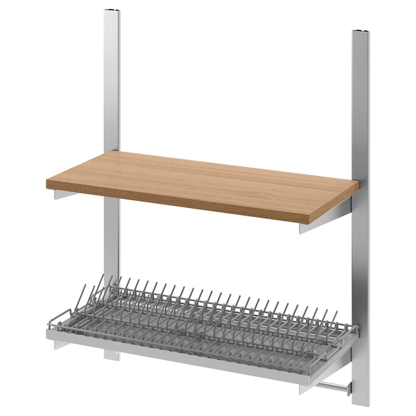 Organisateur de cuisine KUNGSFORS, étagère en métal argenté et bois avec égouttoir.