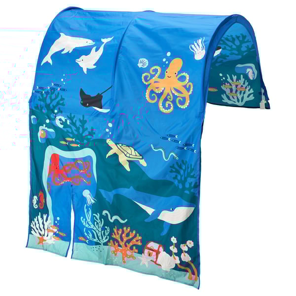 Tente de lit KURA, bleue, sur le thème de l’océan, avec des créatures marines, se fixe facilement, polyester recyclé transparent, forme arquée.