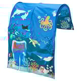 Tente de lit KURA, bleue, sur le thème de l’océan, avec des créatures marines, se fixe facilement, polyester recyclé transparent, forme arquée.