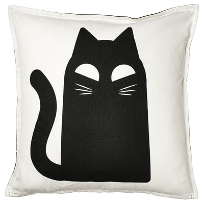 KUSTFYR coussin chat noir, carré, coton blanc, design chat simple.