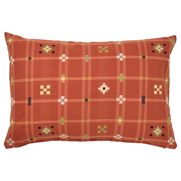 Coussin rectangulaire rouge KUSTGRAN à motif à carreaux, mélange de coton et de polyester, fermeture à glissière, tissage tactile.