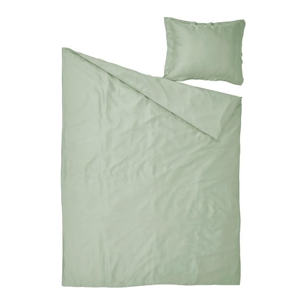 Parure de lit LÄKEVÄNDEROT en vert menthe avec lyocell texturé, soigneusement pliée, y compris une taie d’oreiller.