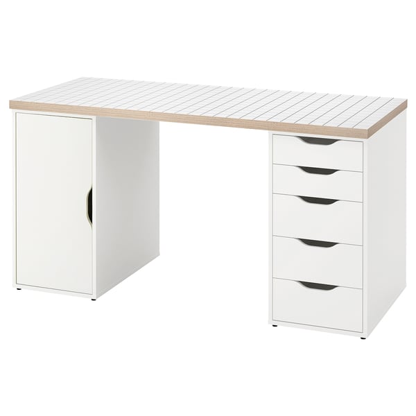 Un bureau LAGKAPTEN blanc avec une armoire et quatre tiroirs, un plateau en bois, un design épuré.