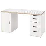 Un bureau LAGKAPTEN blanc avec une armoire et quatre tiroirs, un plateau en bois, un design épuré.