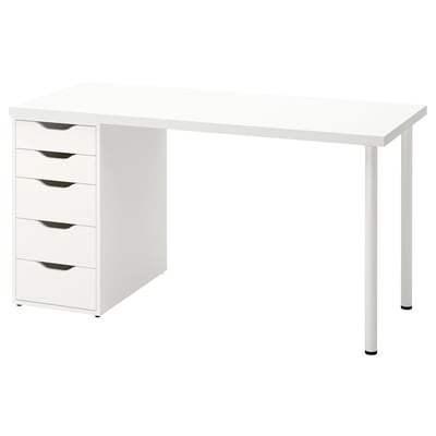 Un bureau LAGKAPTEN blanc à cinq tiroirs, au design minimaliste et de forme rectangulaire, adapté aux petits espaces.