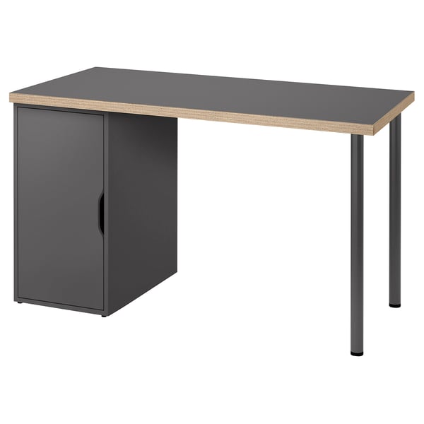 Bureau gris moderne avec bord en bois, armoire grise, pieds en métal.