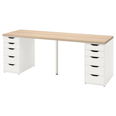Bureau LAGKAPTEN : blanc avec plateau en bois clair, 10 tiroirs, pieds métalliques, grand espace.
