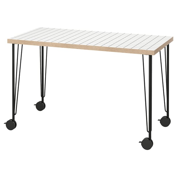 LAGKAPTEN : bureau blanc moderne avec pieds en métal noir avec pieds réglables et roulettes.
