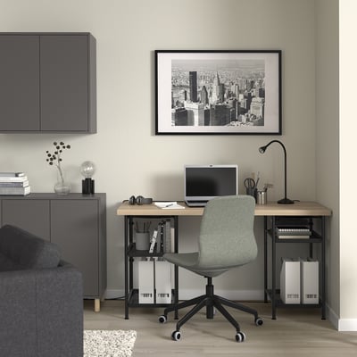 LAGKAPTEN / SPÄND Bureau, effet chêne blanchi/noir, 140x60 cm