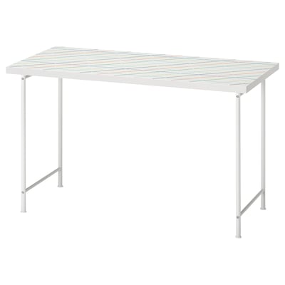 Table LAGKAPTEN, blanche avec motif de grille colorée, rectangulaire, pieds en métal, pieds réglables.
